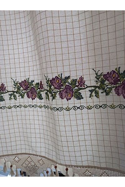 PAZARSEN Cross-Stitch Embroidered Authentic Curtain, Buldan Curtain, Summer Curtain, Kitchen Curtain