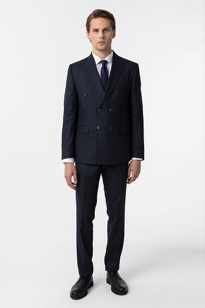 SÜVARİ Süvari Slim Fit Navy Blue Double Breasted Striped Suit