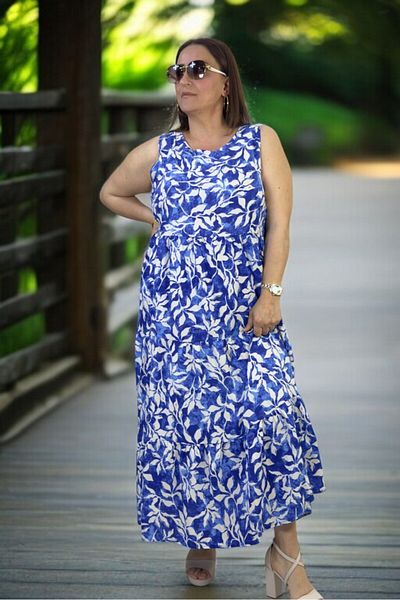 yagmurberen Japanese Sleeveless (Sleeveless) 3 Layer Volume Flowers Patterned Medium Length Plus Size Cotton Viscose Dress