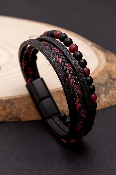 OSMANLI GÜMÜŞ Men's Bracelet - Men's Leather Bracelet - Men's Bead Bracelet - Leather and Bead Combination Bracelet