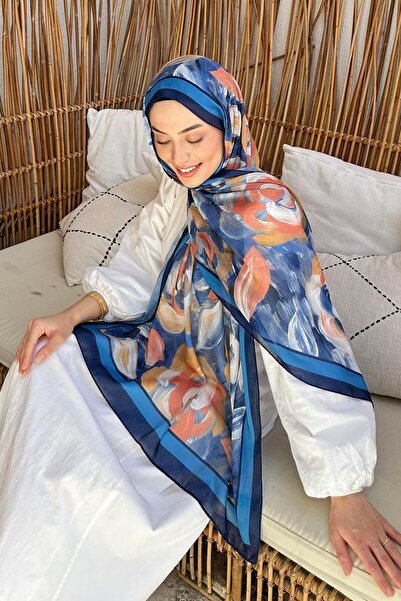 lamelif Flower Pattern Cotton Shawl Navy Blue