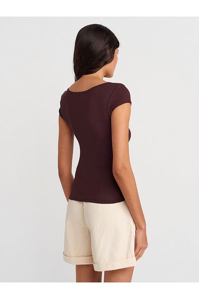 Dilvin 31807 Crew Neck Corded T-Shirt-Brown