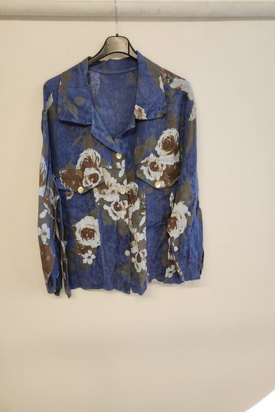 della moor Cămașă de in pentru femei, albastră, cu model de trandafiri italieni, pliabilă, cu mânecă lungă O supradimensionat