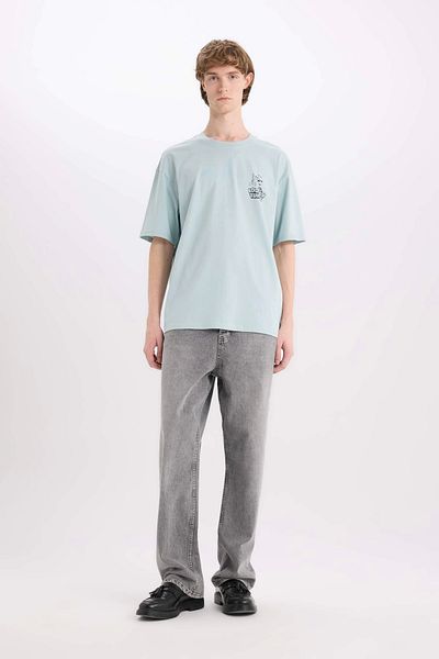 DeFacto D6774 Μπλε 100% βαμβακερό Looney Tunes Boxy Fit Crew με εμπριμέ κοντομάνικο μπλουζάκι