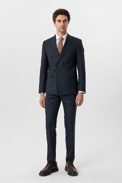 SÜVARİ Navy slim fit patterned pointed collar 6 drop classic suit