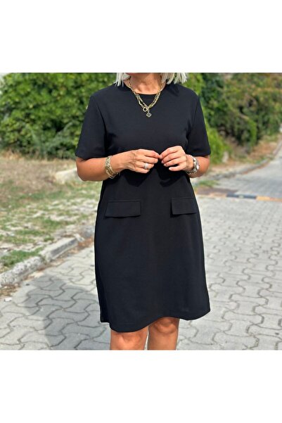 MODA Plus Size Black Dress with Ornamental Pocket Detail