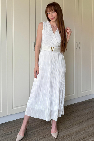 Dilay Gökoğlu Butik Διπλό γιακά Crinkle Midi Buckle Λευκό Φόρεμα