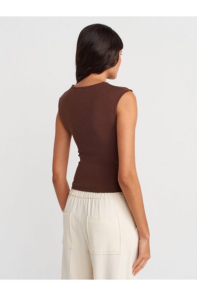 Dilvin 21054 Shirred Basic T-Shirt-Light Brown