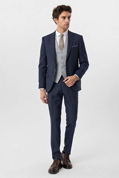SÜVARİ Lacivert Slim Fit Desenli Sivri Yaka 6 Drop Yelekli Klasik Takım Elbise