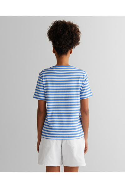 Gant Kadın Mavi Regular Fit Bisiklet Yaka Çizgili T-Shirt