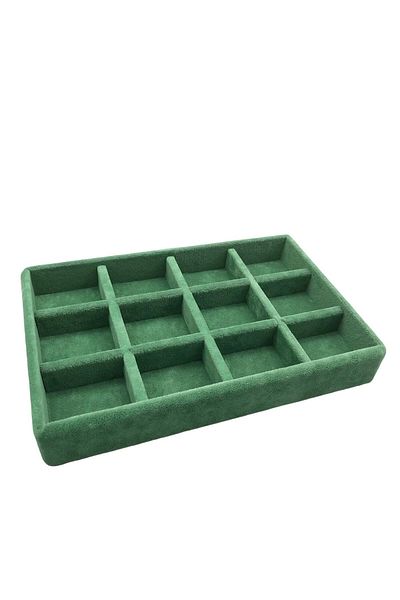 MeGass Dekor Domestic Production Small Size Suede Fabric Green Color 12 Compartment Jewelry Display Stand Inside Drawer