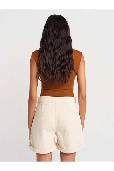 Dilvin 71988 Double Pleated Curled Denim Shorts-Stone