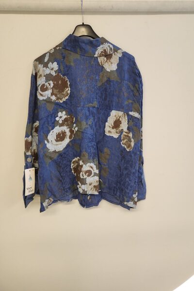 della moor Cămașă de in pentru femei, albastră, cu model de trandafiri italieni, pliabilă, cu mânecă lungă O supradimensionat