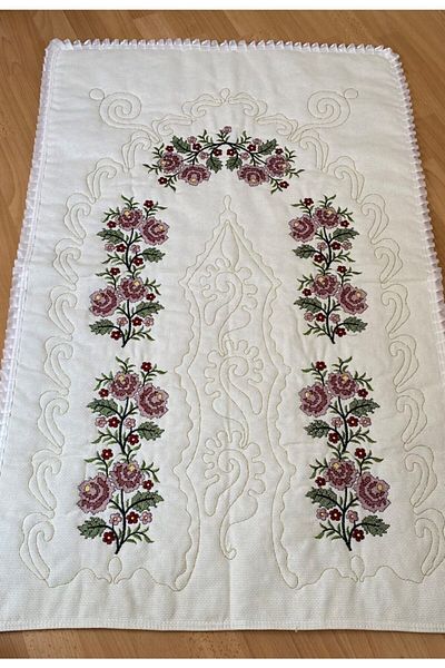 İNCİ MABEL BUTİK Cream Dowry Box, Canvas Etamine Embroidery, 100% Cotton Linen Prayer Rug