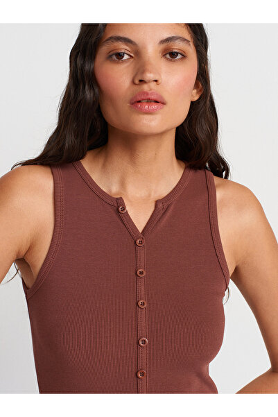 Dilvin 91467 Φόρεμα Maxi με λεπτομέρεια με κουμπιά-Καφέ