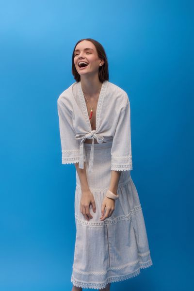 Quzu Striped Lace Tie Kimono Natural