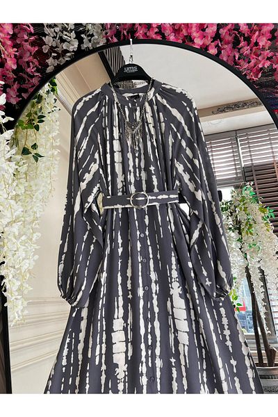 PİNK FLY Women's Pattered Loose Model Button Detail Dress
