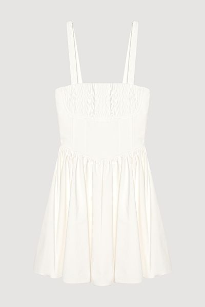 Quzu Thick Strap Pleated Mini Dress Ecru