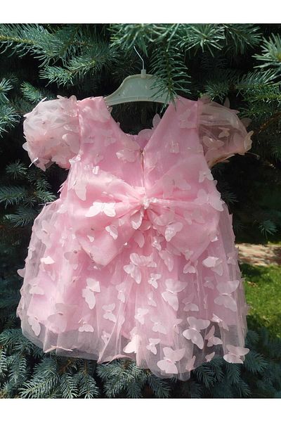 İLALKİDS Baby Girl Children's Holiday Birthday Short Sleeve Bow Detailed Special Day Wedding Evening Dress