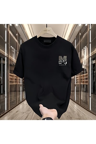 LOTS MODA Erkek Oversize Beyaz Tişört - M Harfi Dağ Manzaralı Baskılı %100 Pamuk