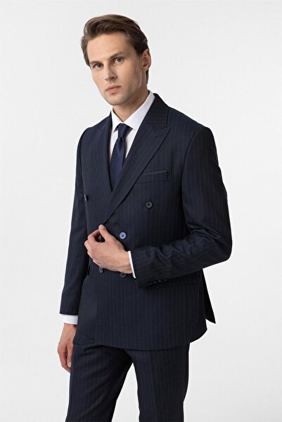 SÜVARİ Süvari Dar Kesim Lacivert Kruvaze Çizgili Takım Elbise