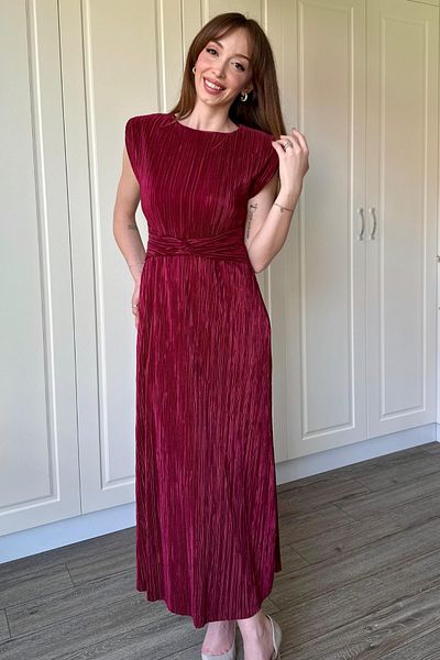 Dilay Gökoğlu Butik Rochie burgundă cu talie midi Crinkle căptușită