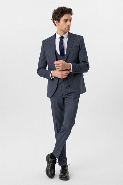 SÜVARİ Navy slim fit patterned pointed collar 6 drop vest classic suit