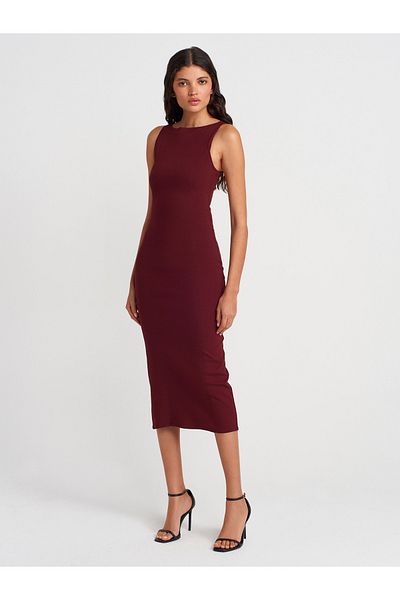 Dilvin 91099 Fitted Midi Dress-Burgundy