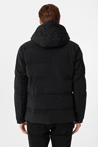 SÜVARİ Horseman Slim Fit Black Hooded Embossed Men's Coat