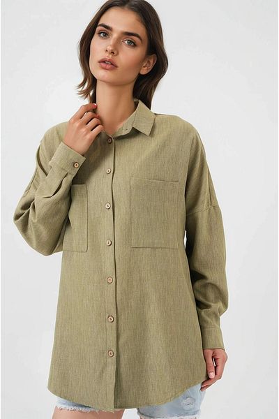 hazelin Women's Green Oversize Double Pocket Linen Shirt Hzl22S-Bd1201261