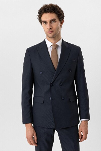 SÜVARİ Lacivert Slim Fit Desenli Sivri Yaka 6 Drop Klasik Takım Elbise