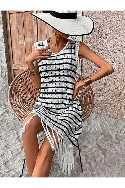 Modayakamoz Νέα σεζόν Γυναικεία αμάνικη φούστα με λαιμόκοψη με φούντες με μοτίβο πλεκτό φόρεμα παραλίας