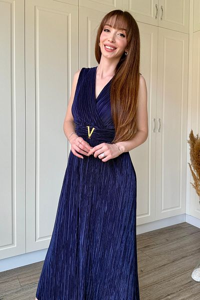 Dilay Gökoğlu Butik Rochie bleumarin cu cataramă midi cu guler dublu