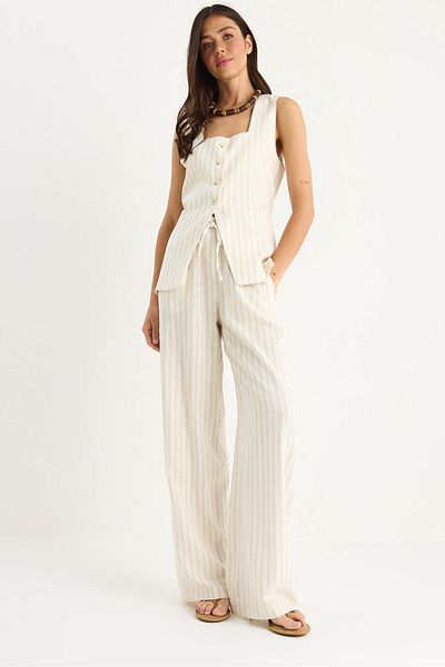 Bianco Lucci Women's Square Collar Vest with Wide Pants Thick Striped Linen Bottom-Top Suit 9341 60281053