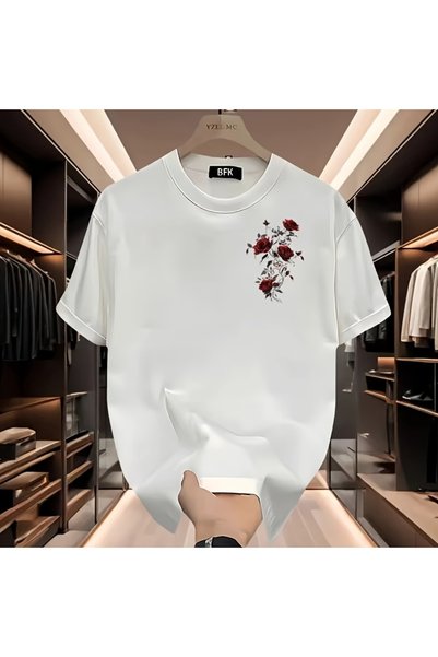 LOTS MODA Men's Rose Printed Short Sleeve T-Shirt – Stylish and Comfortable Summer Design