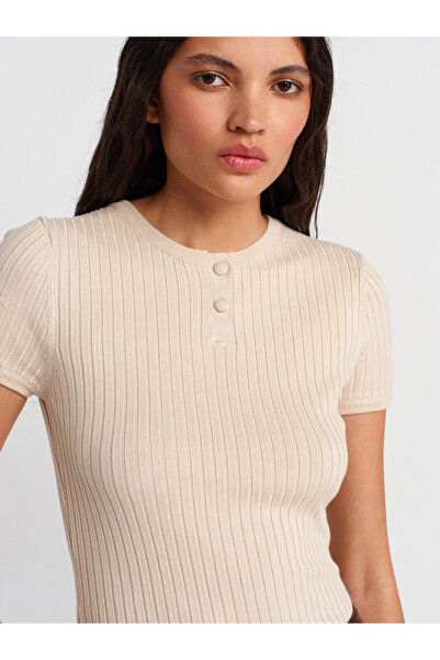 Dilvin 10756 Crew Neck Button Knitwear Blouse-Stone