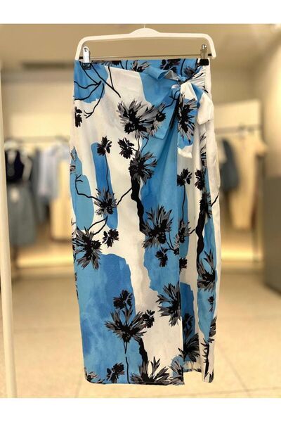 Oyer Moda Yandan Bağlama Detaylı Mavi Etek