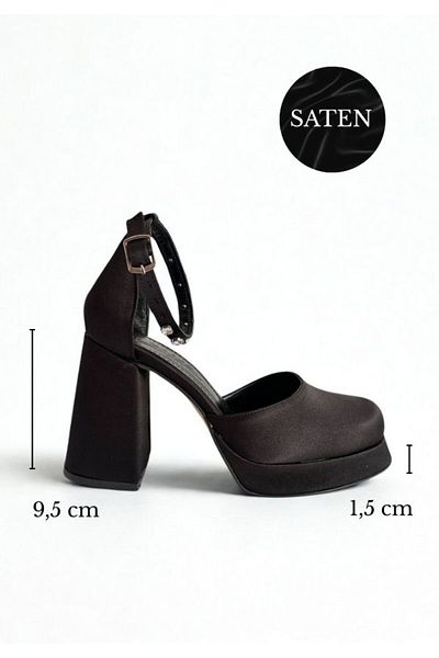 Favi Ayakkabı Black Satin Ankle Stone Detailed Closed Toe Platform Heeled Evening Dress Shoes