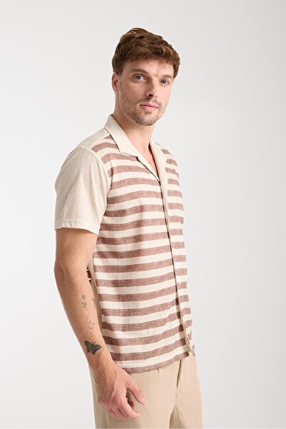 Afri Καφέ και λευκό ριγέ ανδρικό κοντομάνικο καλοκαιρινό πουκάμισο – με κουμπ...