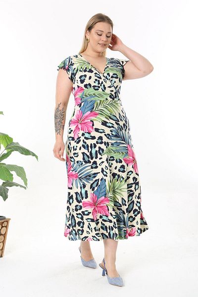 Madwilo Women's Pink Blue Tropical Leopard Print Ruffle Sleeve Double Breasted Collar Plus Size Maxi Dress