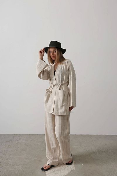 GIDY Line Detailed Linen Kimono Set