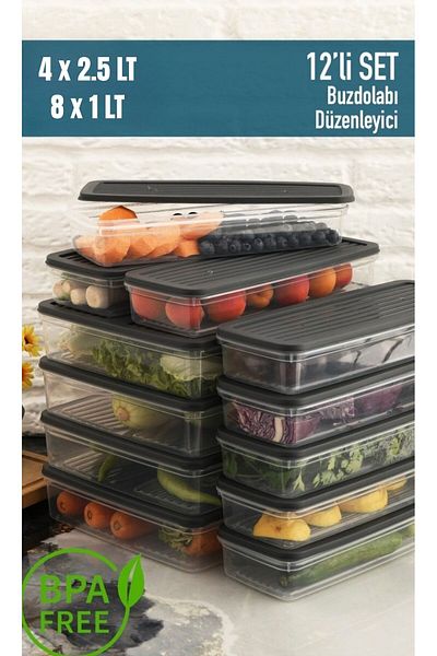 Leila 12 Pcs Anthracite Lid Storage Container, Suitable for Refrigerator Organizer Microwave and Freeze 18Lt