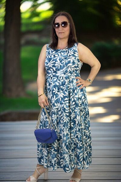 yagmurberen Japanese Sleeveless (Sleeveless) 3 Layer Volume Flowers Patterned Medium Length Plus Size Cotton Viscose Dress