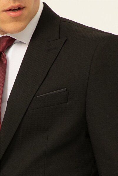 SÜVARİ Siyah Slim Fit Armürlü Sivri Yaka 6 Drop Takım Elbise