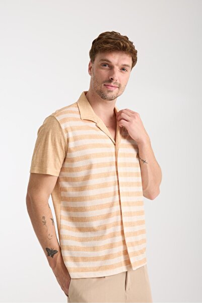 Afri Ανδρικό καλοκαιρινό πουκάμισο με κοντό μανίκι σε λευκό χρώμα μουστάρδας ...