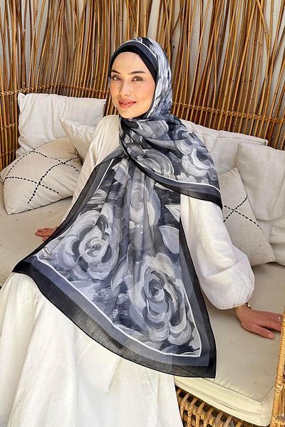 lamelif Flower Pattern Cotton Shawl Black