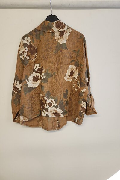 della moor Camel Women's Italian Rose Patterned Foldable Long Sleeve O Oversized Linen Shirt