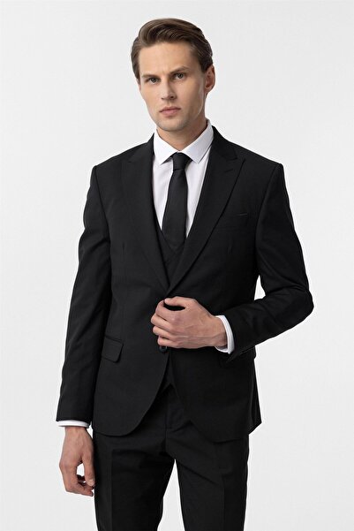 SÜVARİ Siyah Slim Fit Düz Sivri Yaka 6 Drop Yelekli Klasik Takım Elbise
