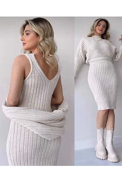 FLEX FASHION Σετ φόρεμα 2 τεμαχίων πλεκτό Valent Tie-Up σε κρεμ χρώμα