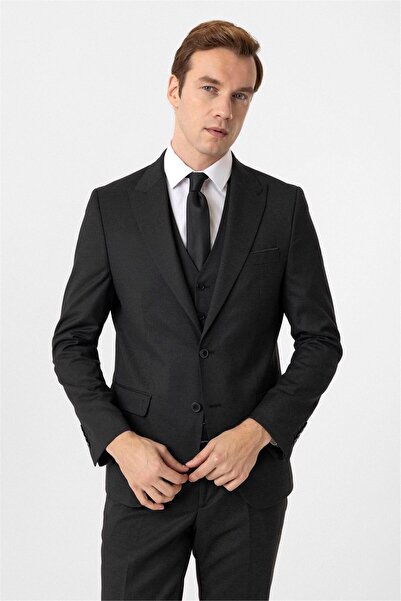 SÜVARİ Siyah Slim Fit Armürlü Sivri Yaka 6 Drop Yelekli Klasik Takım Elbise